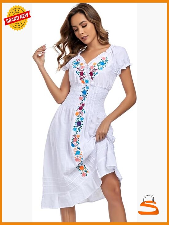 Other - Women's Mexican Embroidered Casual Dress V-Neck Short Sleeves Boho